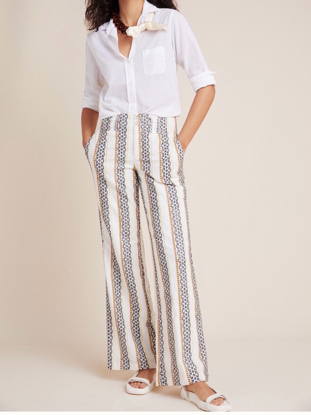 Anthropologie Eyelet Striped Lined Trousers in White, Gold & Gray